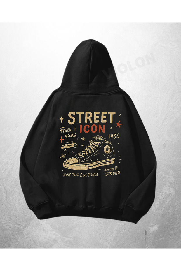 Black Unisex Street Icon Typography Printed Oversize Hoodie Sweatshirt