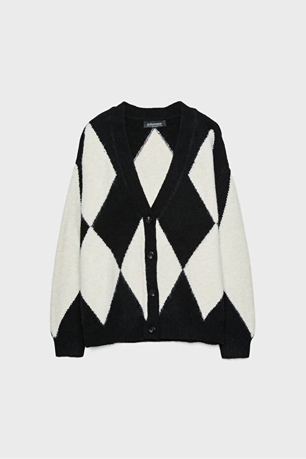 Oversize baklava desenli triko hırka - 6