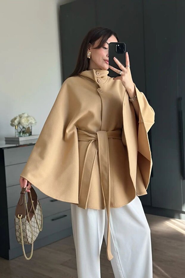 Imported Cashmere Fabric Buttoned Stand Collar Sash Belt Detail Batwing Sleeve Design Premium Poncho Coat Jacket