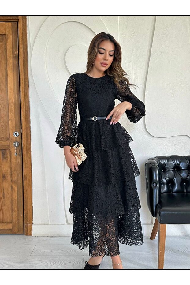 Siyah Dantelli elbise - 1