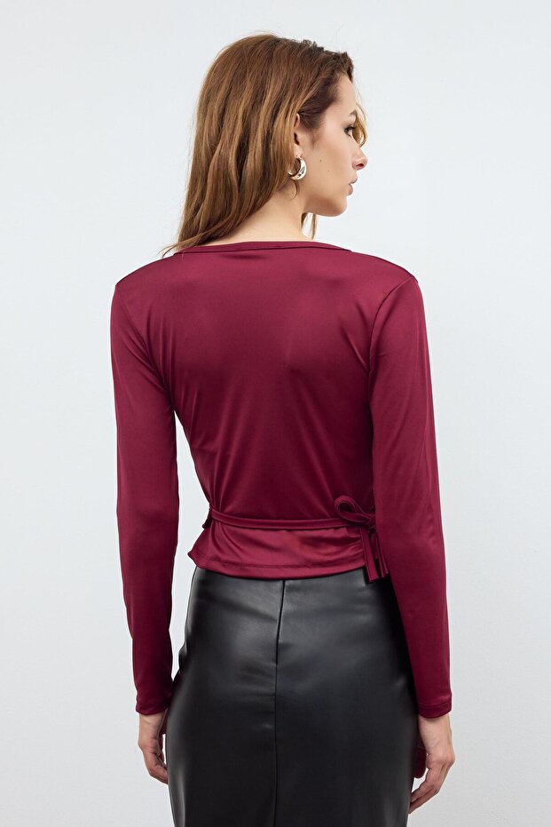Bordo Basic Kruvaze Bağlamalı Bluz - 4