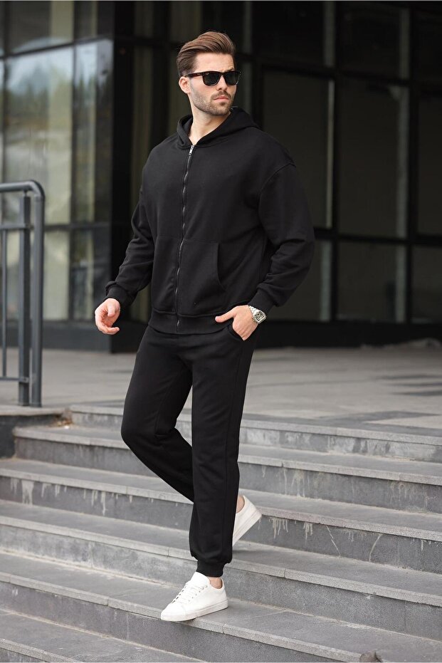 Siyah Kapüşonlu Fermuarlı Basic Erkek Eşofman Takımı E7331 - 4