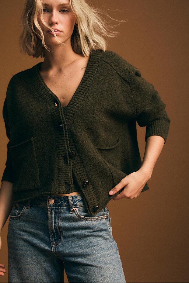 Çift yaka detaylı triko hırka - 1