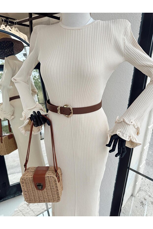 Fırfırlı Triko Elbise Bej - 5