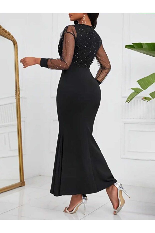 Kadın Kruvaze Yaka Taş Ve Tül Detaylı Uzun İthal Krep Abiye Davet Elbisesi - 3