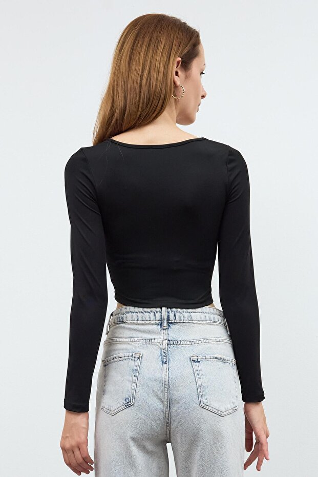 Siyah Basic Kare Yaka Crop Bluz - 4