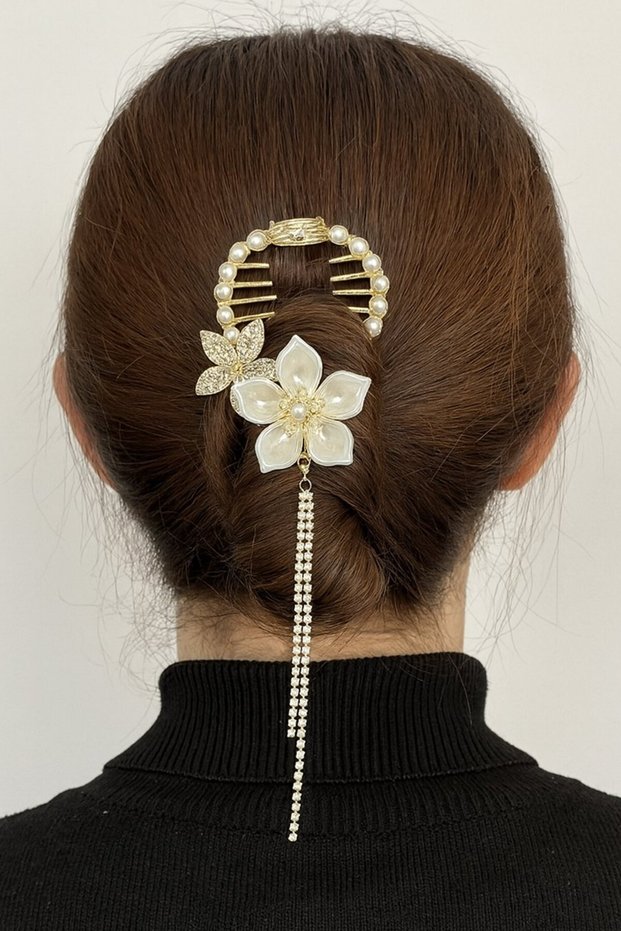Gold Color Flower Figured Pearl and Stone Detailed Bun Hairpin