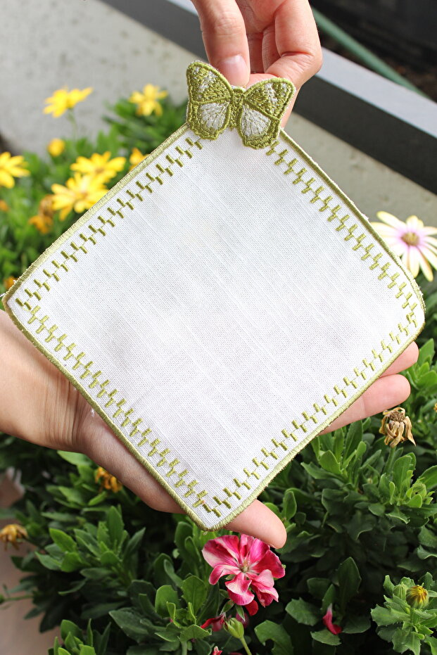 Linen Embroidered Presentation Set of 2 Cocktail Napkins Coffee Side Coasters