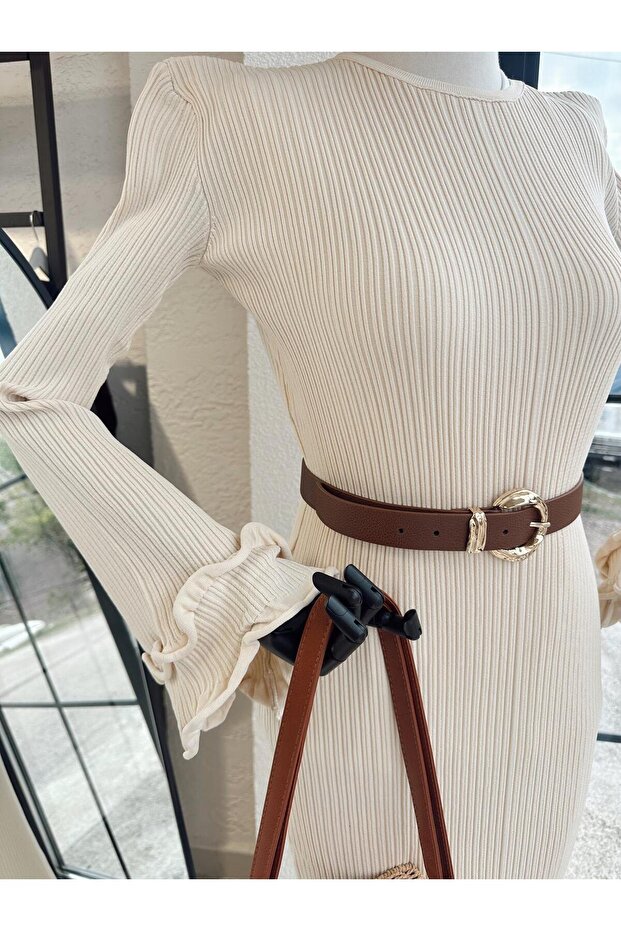 Fırfırlı Triko Elbise Bej - 4