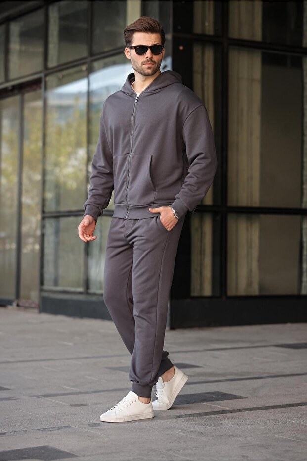 Füme Kapüşonlu Fermuarlı Basic Erkek Eşofman Takımı E7331 - 2