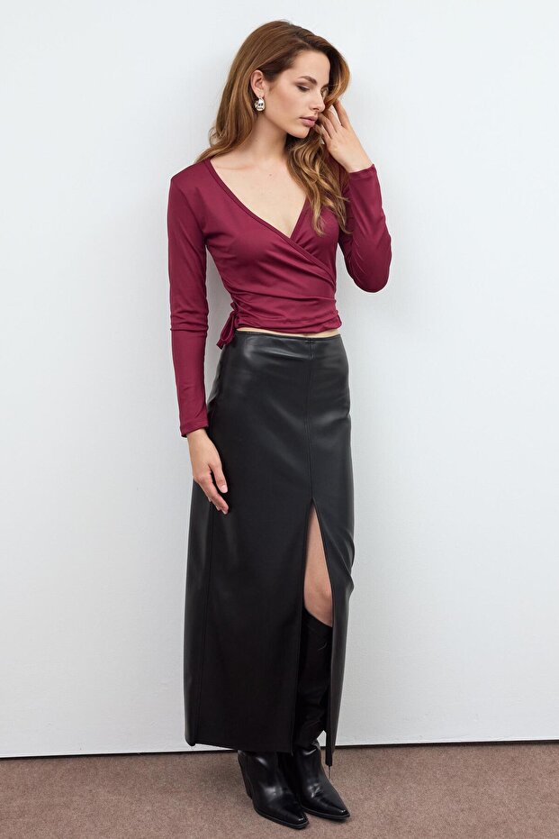 Bordo Basic Kruvaze Bağlamalı Bluz - 3