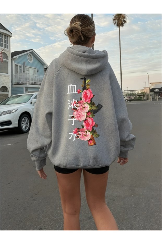 Unisex Japan Floral Colorful Custom Printed Cotton Oversize Hooded Sweatshirt