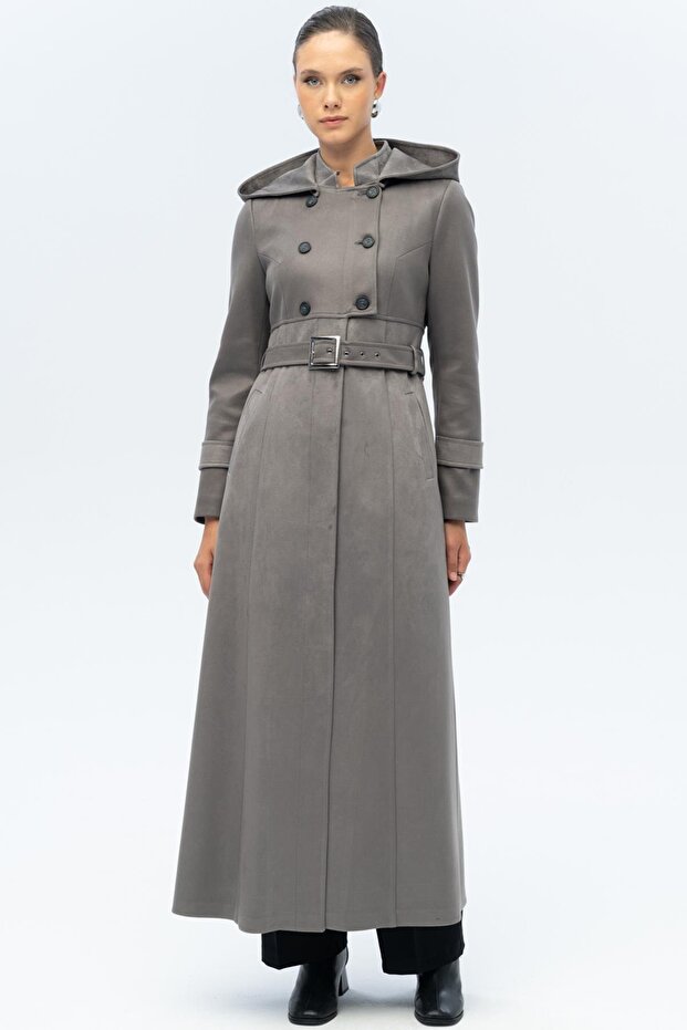 Hooded Garni Detailed Suede Look Overcoat Gray 6677