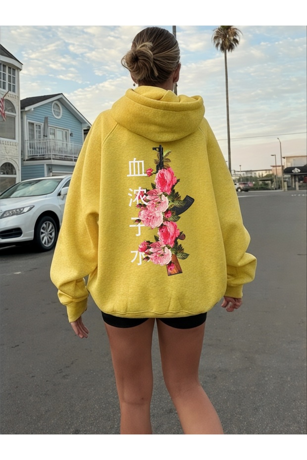 Unisex Japan Floral Colorful Custom Printed Cotton Oversize Hooded Sweatshirt