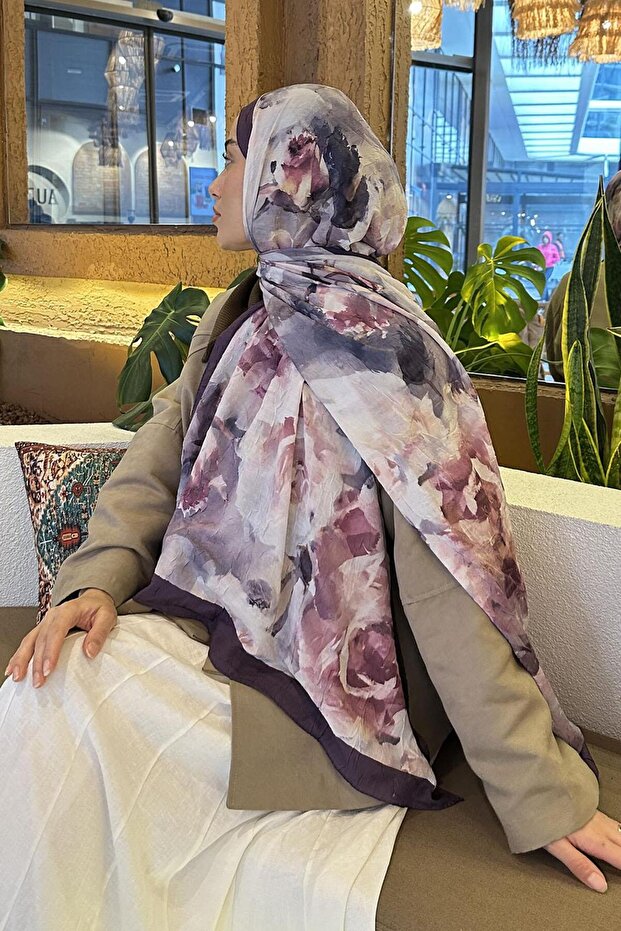 Gül Desen Bambu Şal Eflatun - 4