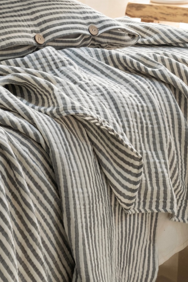 Modern Tek Kişilik %100 Pamuk 3 Katlı Müslin Yatak Örtüsü Seti Çizgili - 1