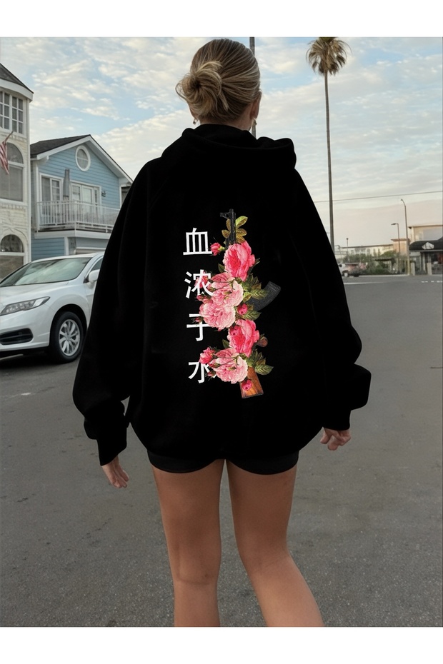 Unisex Japan Floral Colorful Custom Printed Cotton Oversize Hooded Sweatshirt
