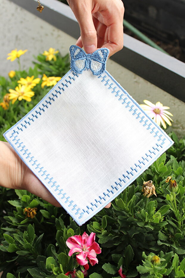 Linen Embroidered Presentation Set of 2 Cocktail Napkins Coffee Side Coasters