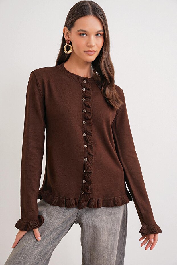 6964 Women's Plain Ruffled Buttoned Cardigan Brown