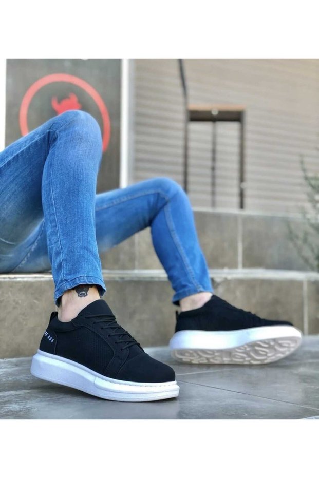 Men's Casual Lace-Up Leather Sneaker Classic Soft Black White Thick Sole Comfortable Sports Shoes