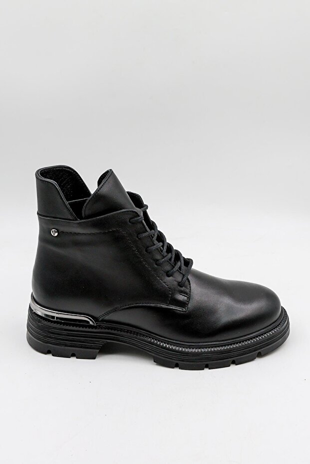 Women's Leather Lace-Up Zippered Boots 1950838K - Black - 36