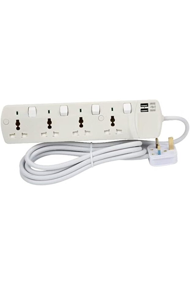 Extension Cord, 4 Socket power Extension board with 4 switch and 3 Meter length, two USB Ports - 1