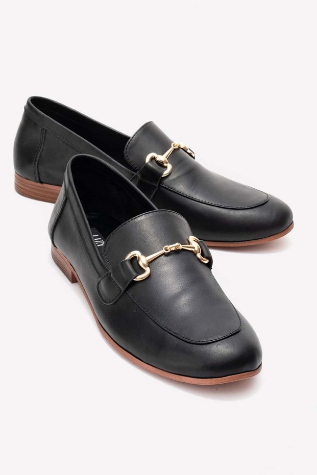 Black - Genuine Leather Women's Shoes with Shiny Gold Metal Buckle