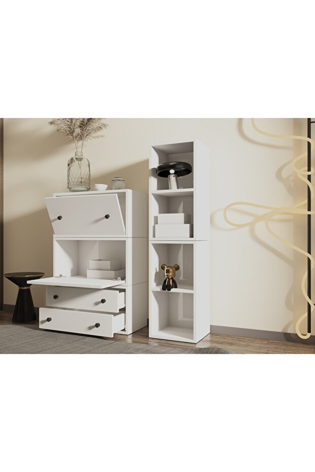 2 Çekmeceli Modül + 4 Açık Raflı Yan Kolon Şifonyer Seti – Şifonyer Beyaz-NRG-ŞFN-1004 - 2