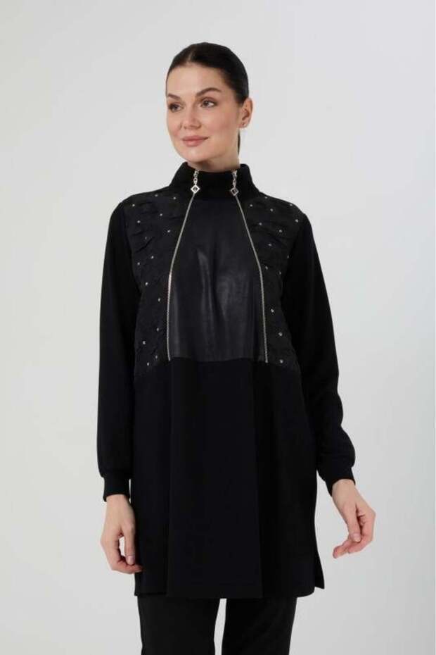 Taftalı Fermuarlı Tunik - Siyah - 6