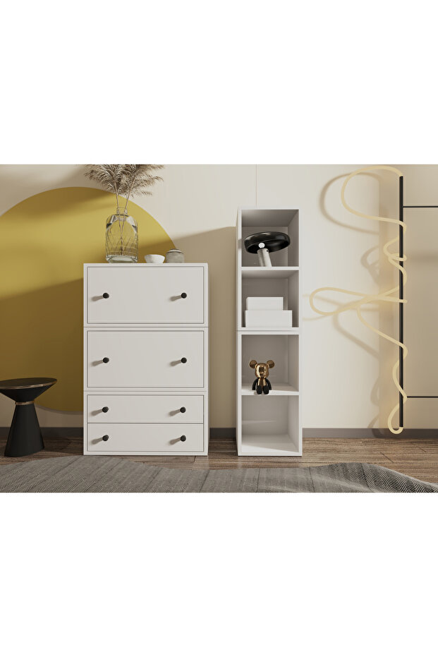 2 Çekmeceli Modül + 4 Açık Raflı Yan Kolon Şifonyer Seti – Şifonyer Beyaz-NRG-ŞFN-1004 - 1