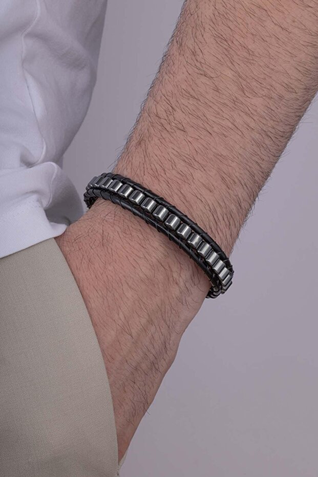 Cylinder Cut Hematite Stone Leather Toggle Men's Natural Stone Bracelet