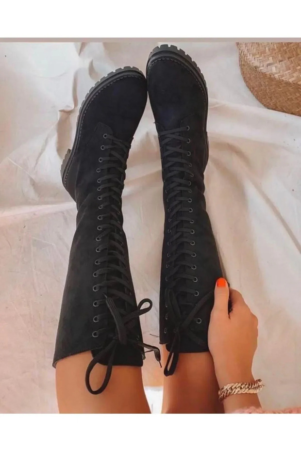 Long Boots Black Suede Boots Non-Slip Sole Warm Inner Lining in Winter