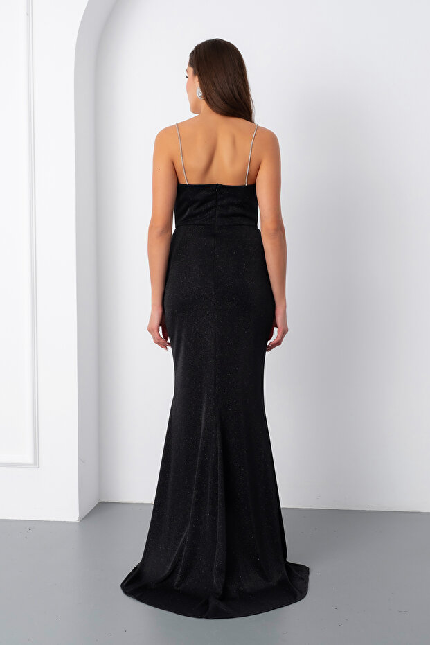 Kadın Siyah Askılı Simli Örme Abiye Elbise - 7