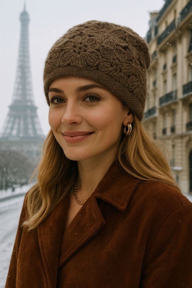 Khaki Floral Knit Detailed Women's Beanie
