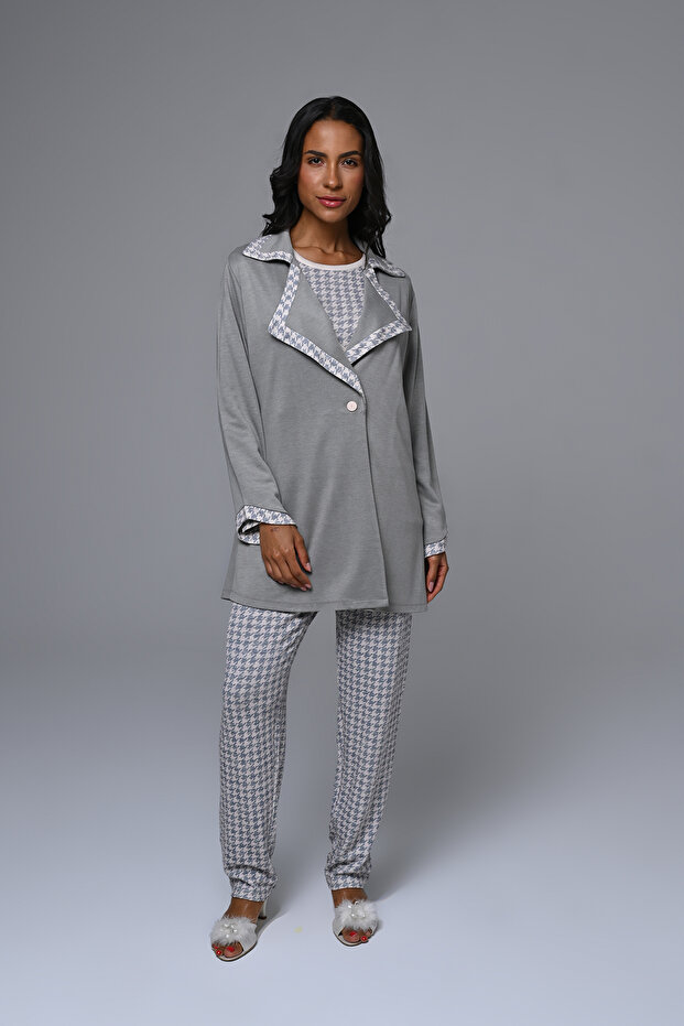 Women's Gray Patterned Winter Special Design Maternity Maternity Dressing Gown Pajama Set