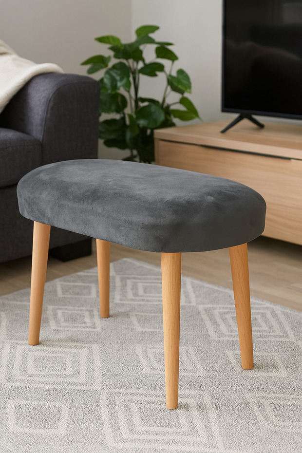 Modern Ahşap Ayaklı Antrasit Babyface Kumaş Puf Tabure Sehpa Bench - 4