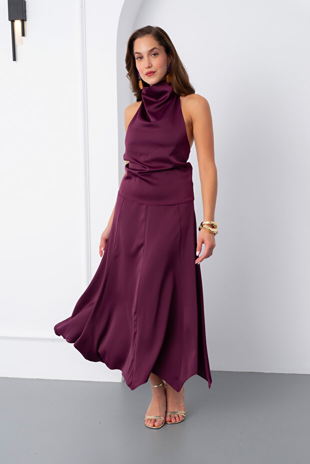 Women's Plum Degaje Collar Satin Skirt Blouse Set