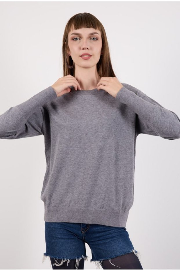 Women's Wide Cuffed Crew Neck Glitter Sweater Gray 71001