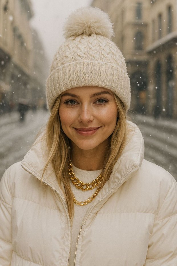 Beige Knitwear Knitted Pompom Women's Beanie