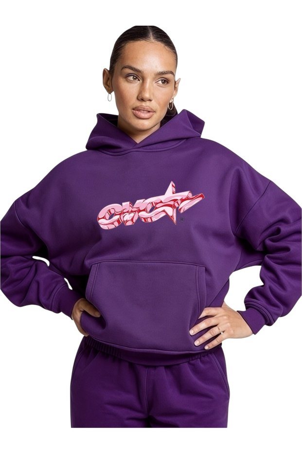 Unisex Pink Star Colorful Custom Printed Cotton Oversize Hooded Sweatshirt