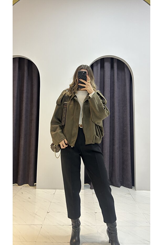 Süet Oversize Bomber Ceket - 4