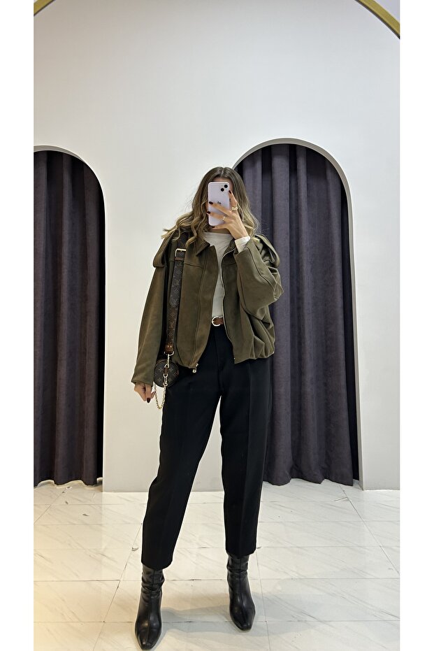 Süet Oversize Bomber Ceket - 1