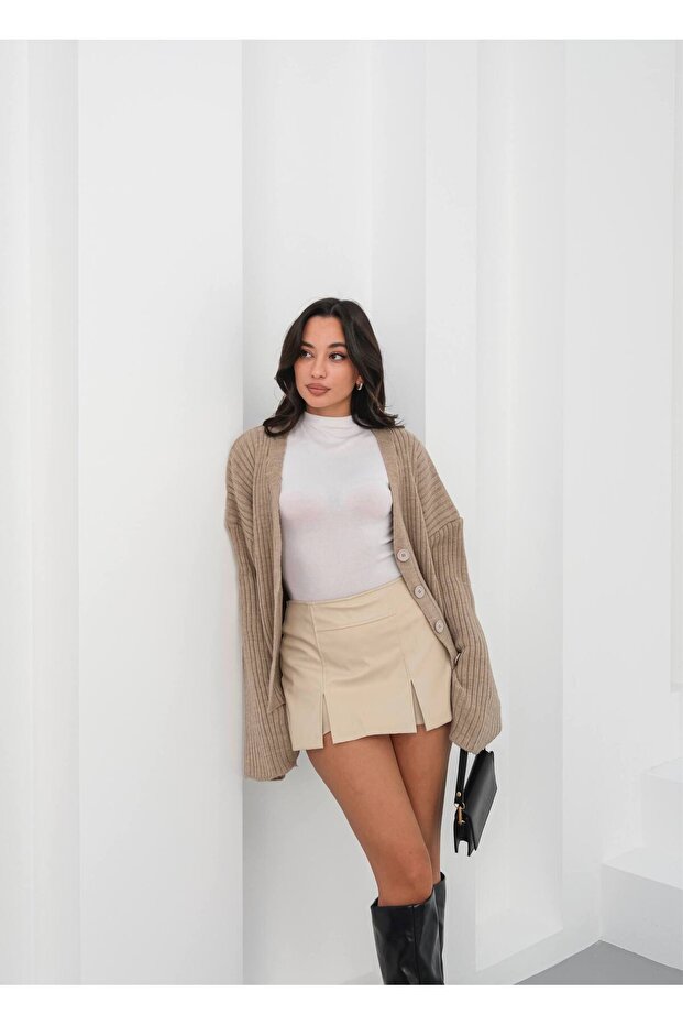 Çift Yırtmaçlı Deri Şort Etek - 1