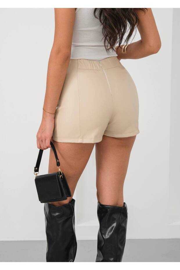 Çift Yırtmaçlı Deri Şort Etek - 5