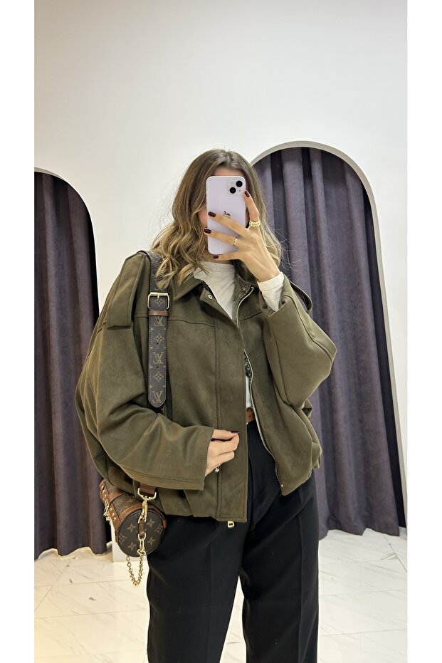 Süet Oversize Bomber Ceket - 6