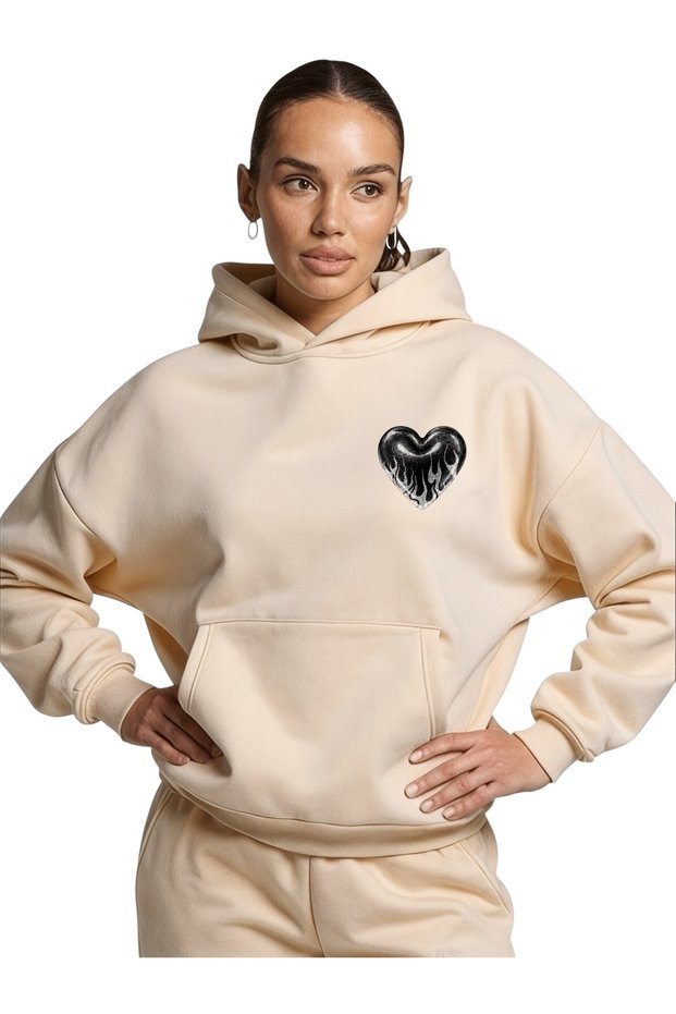 Unisex Heart Black Color Custom Printed Cotton Oversize Hooded Sweatshirt