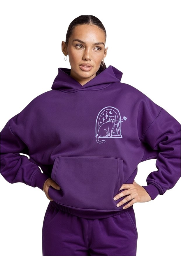 Unisex Cat Colorful Custom Printed Cotton Oversize Hooded Sweatshirt