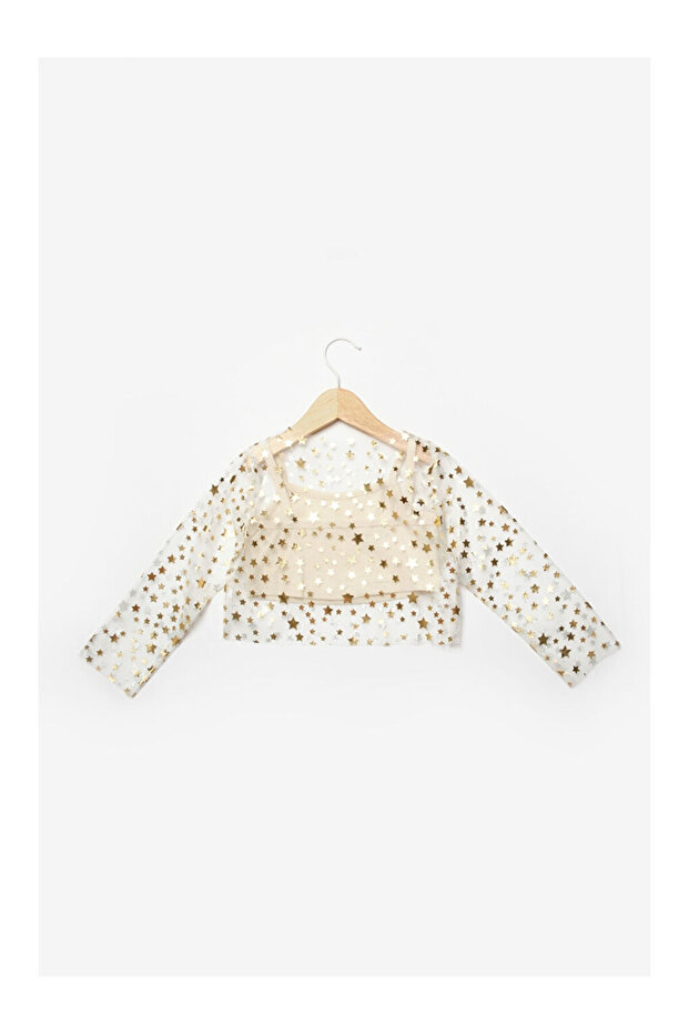 Ekru Uzun Kollu Yıldızlı Kız Çocuk Tül Crop - 4