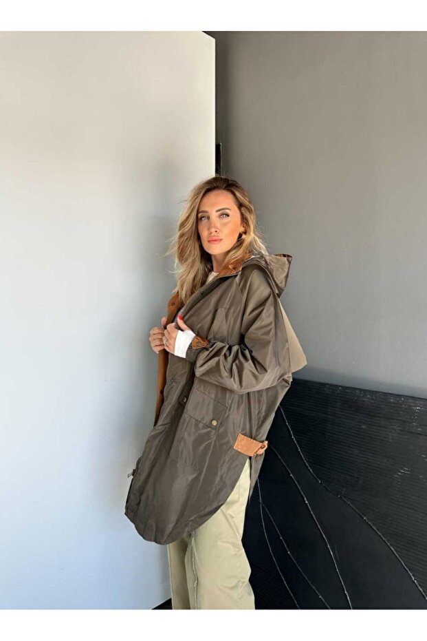 ROBİN Kadın Kapüşonlu Yanları Yırtmaçlı Reglan Kol Oversize TRENÇKOT - 6