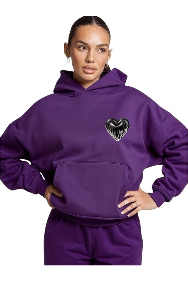 Unisex Heart Black Color Custom Printed Cotton Oversize Hooded Sweatshirt